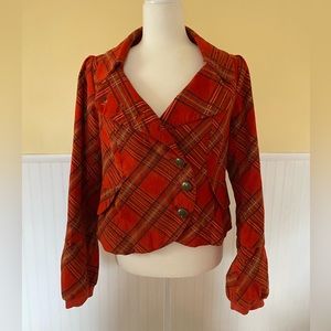 Anthropologie Purr Tomato Red Plaid Corduroy Jacket. Size 12.